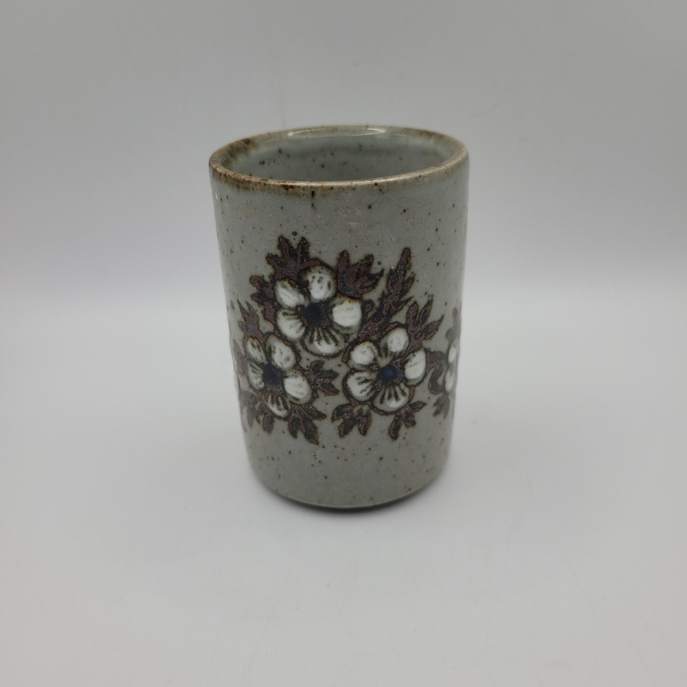Vintage Studio Pottery Floral Stoneware Cup Grey Brown Speckled 3.5 inches